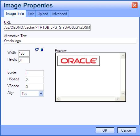 Using PeopleSoft Application Pages Chapter 4 Image Properties: Image Info tab Use the Image Info tab to set the alternative text, width, height, border, hspace, vspace, and align properties which in
