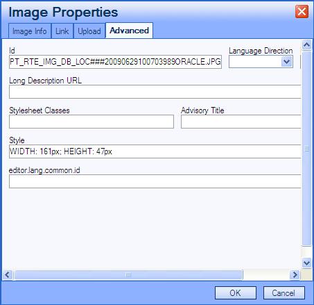 Using PeopleSoft Application Pages Chapter 4 Image Properties: Advanced tab Use the Advanced tab to set the Id, language direction, language code, long description URL, stylesheet classes, advisory