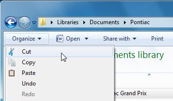 Left click on the file you wish to move so that it turns blue. Click on the Organize button. Select Cut.