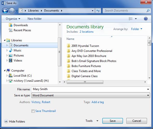 Saving a File to Documents After you type your name, click on the File Button, then on Save As, then on Browse. Because it is the first time you have saved this document the Save As box will open.