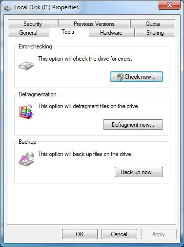 Choose the Tools tab. You will see three options: 1. Scandisk (Error- Checking) 2. Defragmentation 3. Backup The best thing to do first is to check for errors.
