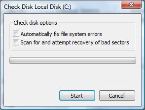 Checking for errors is a quick process that will scan the surface of your disk looking for inaccuracies. Click the Check Now button under the Error-checking section of the Properties window.