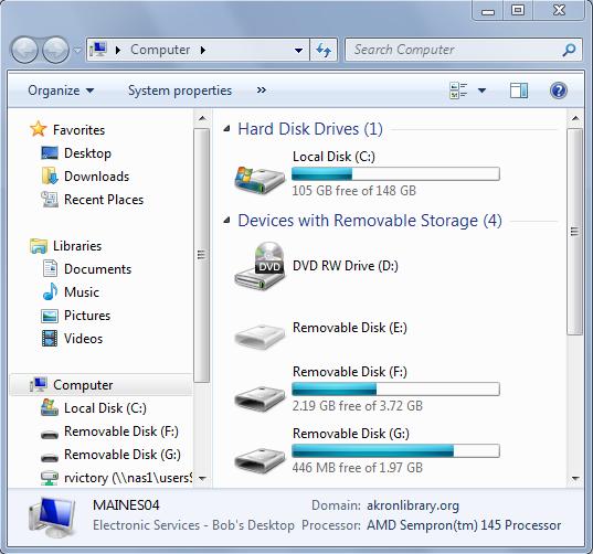 Accessing Different Drives Now that you have a document saved on your flash drive, how do you access it? Click on the Start menu and then on Computer. Your computer s list of drives will appear.