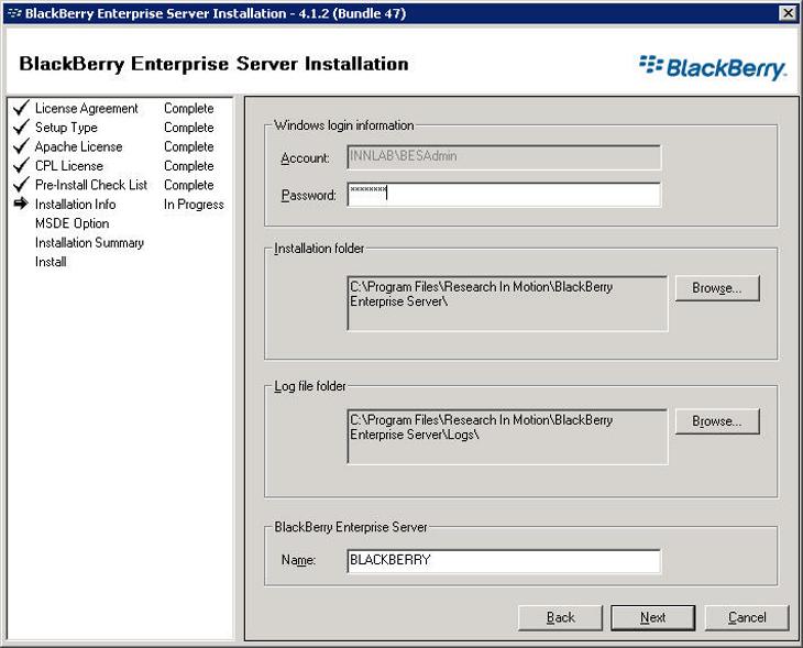 Installing the BlackBerry Enterprise Server 23 Figure 2 Installation Info 10 Enter your password for the BESAdmin service account 11 Leave the Installation folder and Log file folders locations as