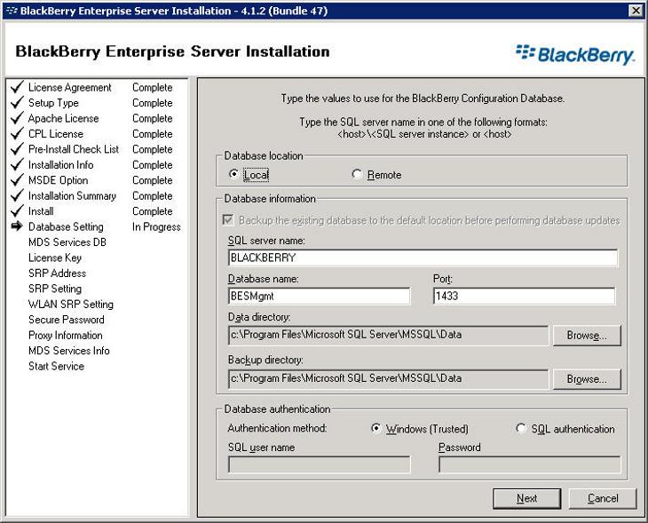 24 BlackBerry Enterprise Server configuration The Database Settings page appears See Figure 3 "Database Settings" (page 24) Figure 3 Database Settings 19 Leave all Configuration Database parameters