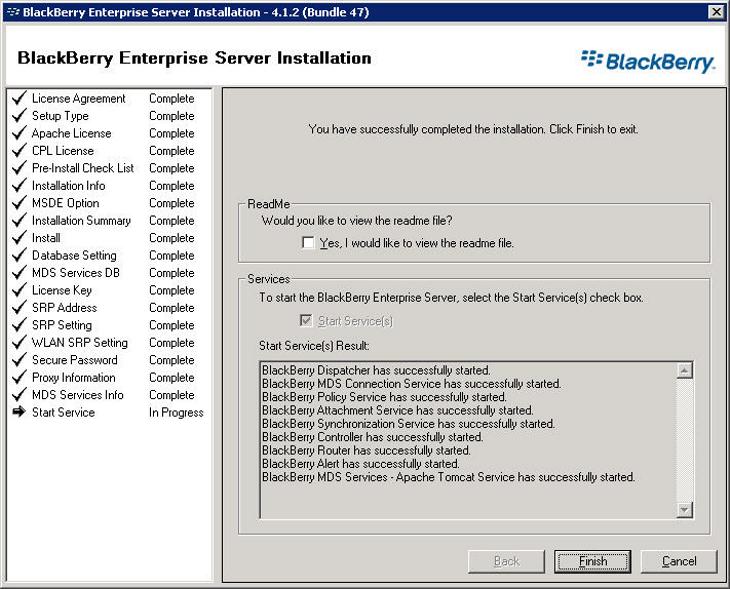 Installing the BlackBerry Enterprise Server 27 43 Type and confirm passwords for both Server setting (default administrator) and Publisher setting (default publisher) 44 Leave the Port number