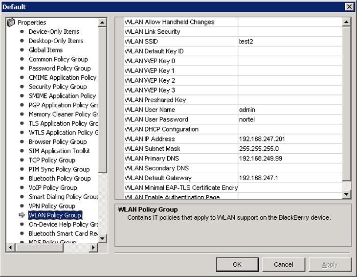 Configuring BlackBerry Enterprise Server 29 Figure 7 WLAN Policy Group Settings page 12 In the WLAN Policy Group Settings page, configure the following settings to match your WLAN configuration: WLAN