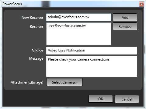 Add Action: Select the camera event, click Add, and select desired action in the new pop up window.