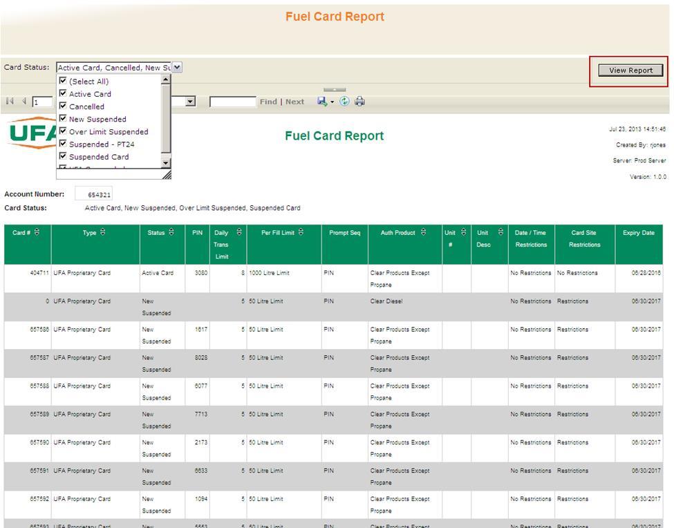 The following Fuel Card Report will be pulled: You may revise your selection by clicking on the Card Status