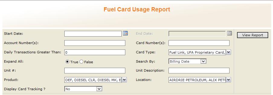 To pull a Fuel Card Usage Report, fill in the following fields: Start Date / End Date select Start Date and End Date for historical transactions.