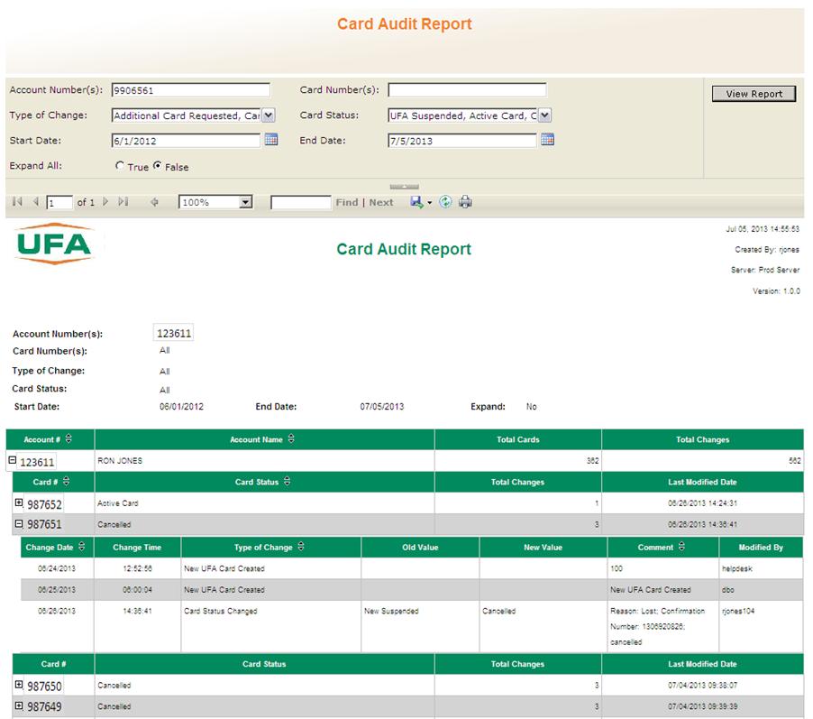 Card Audit Report All changes made to a fuel card(s) are captured in a
