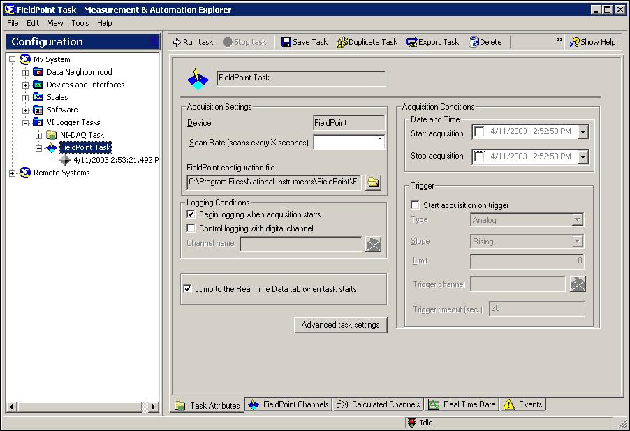 Chapter 2 Creating and Running a VI Logger Task Figure 2-2. FieldPoint Task Attributes 4. In the Acquisition Settings section, enter the following fields: a.