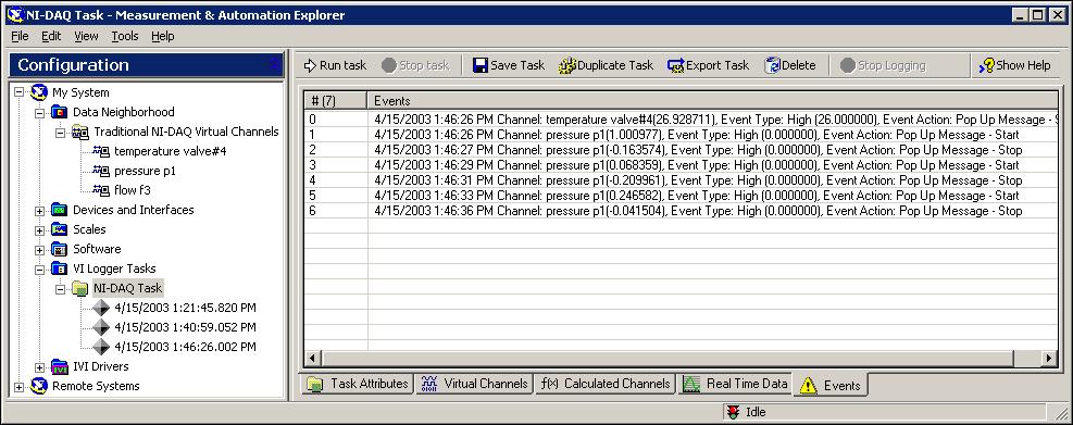 Chapter 4 Viewing and Printing Your Data Viewing Events The Events view displays all event messages that occur during a logging task and all VI Logger error messages and warnings.