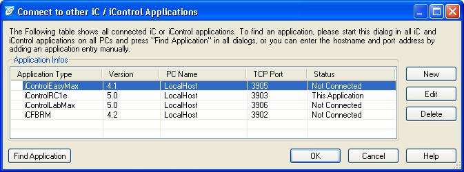 Once this initial scan is performed, the Application Type list displays all ic/icontrol applications currently running the Find Application process on the network.