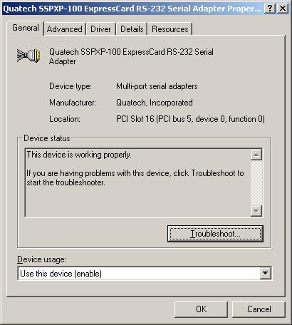B&B Electronics ExpressCard Serial Adapter User s Manual Using configuration utilities Figure 18 - Windows XP Device Manager - Adapter properties, General tab Figure 18 illustrates the Adapter