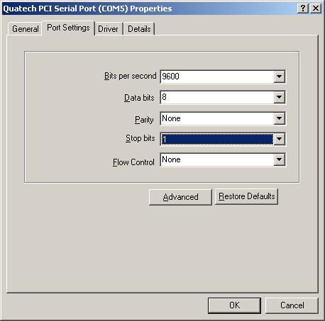 B&B Electronics ExpressCard Serial Adapter User s Manual Using configuration utilities Figure 21 - Windows XP Device Manager - Serial Port, Port settings tab Figure 21 illustrates the Serial Port,
