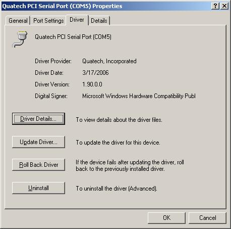 B&B Electronics ExpressCard Serial Adapter User s Manual Using configuration utilities Figure 23 - Windows XP Device Manager - Serial Port, Driver tab Figure 23 illustrates the Serial Port, Driver