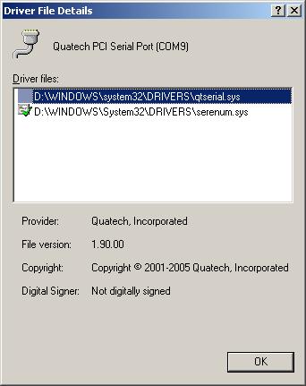 Using configuration utilities B&B Electronics ExpressCard Serial Adapter User s Manual Figure 24 - Windows XP Device manager - Serial Port, Driver file details box Figure 24 illustrates the Driver