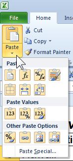 Paste Special is available from the Paste drop-down button in the Home tab or from the right-click shortcut menu.