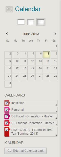 Calendar Side Panel View Change the view to only see Day, Week, or Month Overview of the month Calendars Check off which courses you d like to view on your calendar.