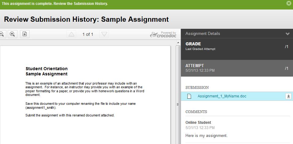 Confirming Your Submission After you submit your assignment, you will be taken to a page titled Review Submission History.