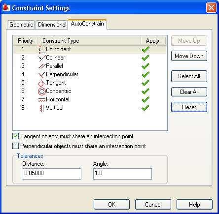 Figure 7. Constraint Settings dialog box, AutoConstrain tab Constraint Bars Constraint bars show the constraints applied to an object.