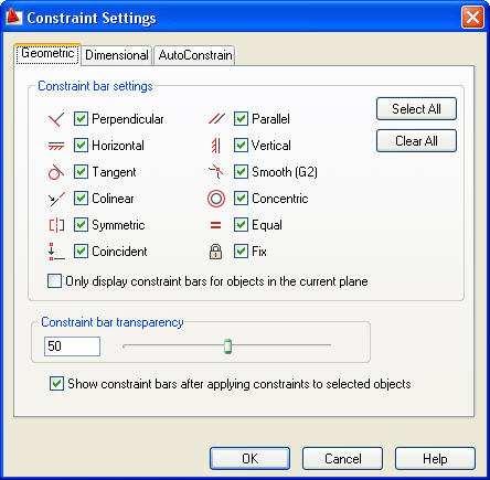 You can further control the display of constraint bars on the Geometric tab of the Constraint Settings dialog box.
