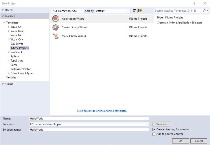 Figure 6: Creating a new project 4) Under Installed Templates: a. Select INtime Projects. b.