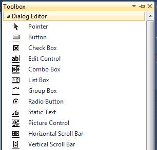 Figure 24: Dialog Editor in the Toolbox 3) Add by dragging two Edit Control objects, two Static Text objects, and one Button object.