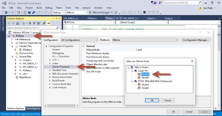 Figure 35: Selecting a Node within Visual Studio (2012 and later) 3) In the first instance of Visual Studio, open the RTSend project. Set its target node to NodeB. Launch the application.