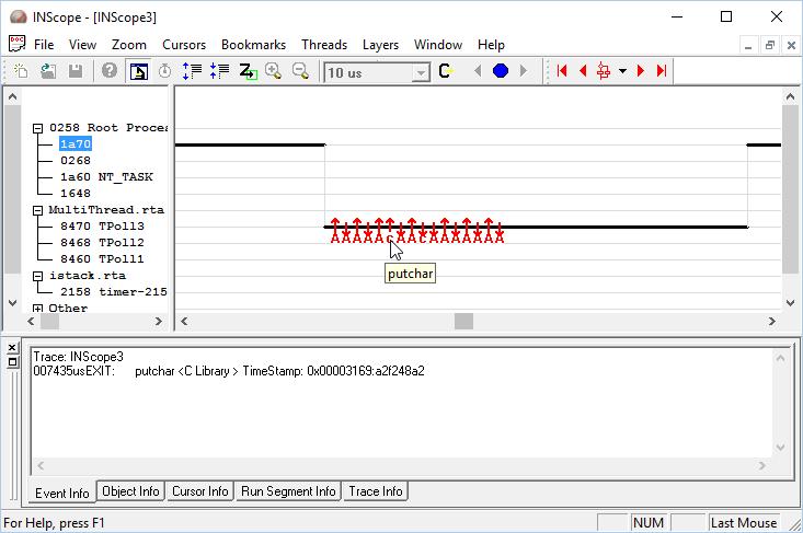 Figure 43: Event Based detail Hover the mouse over one of the arrows on a C event and you can see it is the putchar() function call made inside the Poll3 while() loop.