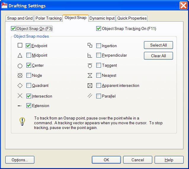 Choosing the OSNAP Mode The Running Object Snap settings are part of the Drafting Settings dialog. To set a running Osnap, remove check next to any undesired modes.