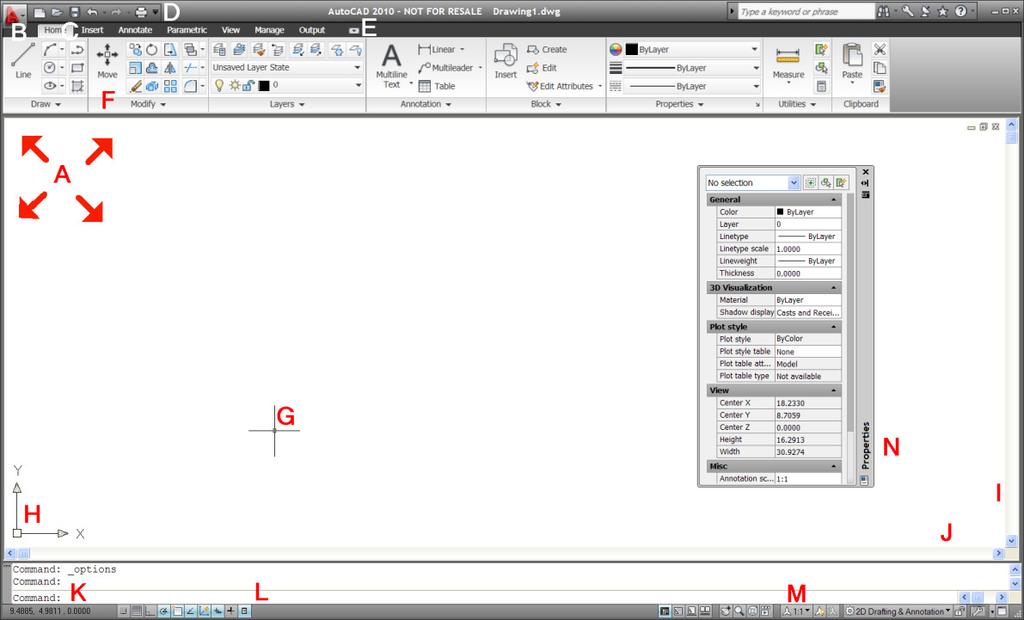 AutoCAD User Interface The figures below outline several parts of the AutoCAD window. A. Drawing Area B. Menu Browser C. Ribbon Tabs D. Panel Display E. Ribbon Control F. Ribbon Panel G. Cursor H.