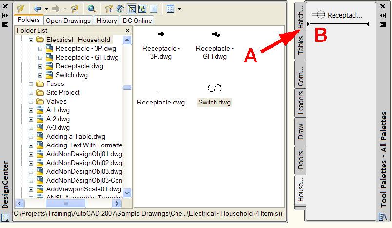 Click, drag and drop a drawing (A) from Explorer or DesignCenter to create a block tool (B) from a drawing.