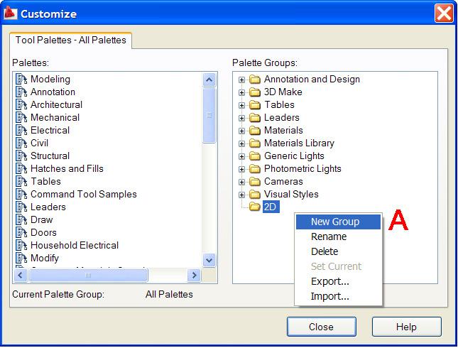 Grouping Tool Palettes An effective way to manage the number of Tool Palettes available at any one time is by creating Groups.