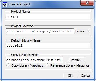 4.1 Creating a Project To create a project in ModelSim, select File > New > Project... A Create Project window shown in Figure 8 will appear. Figure 8. Creating a new project.