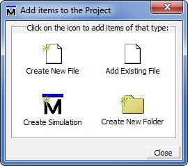 Figure 9. Add a file to project window. The window in Figure 9 gives several options to add files to the project, including creating new files and directories, or adding existing files.