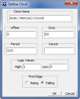 Figure 15. Set the clock period. We begin the simulation by resetting the circuit. To reset the circuit, set the resetn signal low by right-clicking on it and selecting the Force.