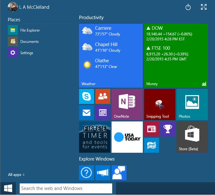 Sleep, Shutdown, Restart Expand or Contract mini Start Screen All Programs Search Box Figure 1 The New Start Menu in Windows 10 The All Apps button functions as the All Programs button in Windows 7,