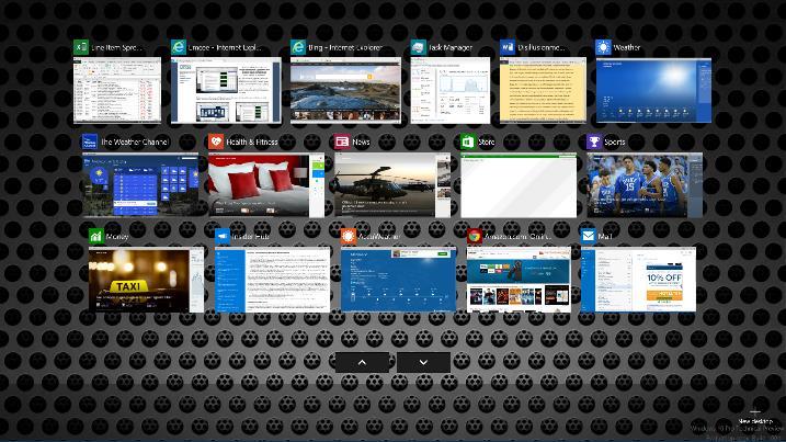 It is not obvious at first glance, but the desktop shown is running 11 desktop apps and 9 Windows Store apps, some visible, some obscured, some minimized.
