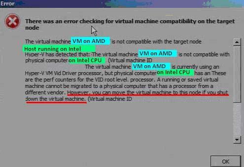 Known Issues of Live and Quick Migration Error 1: VM Migration between Intel and AMD Error Message: Reason: Working as designed Workaround: Do an Export and Import of Virtual Machine (Move VMs