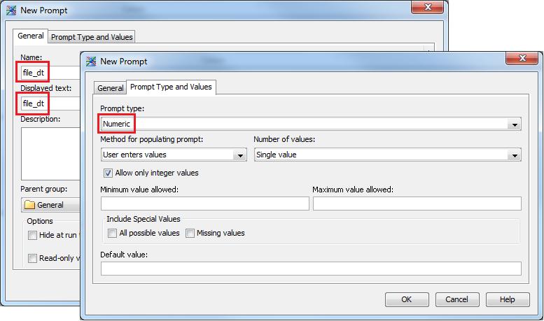Job parameters are defined in the Parameters tab of the Job Properties. Click New Prompt: Figure 4. Job Properties Enter the name of the prompt in the General tab.