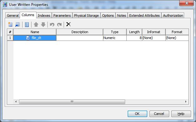 Name the user-written work table Click the Columns tab and define the