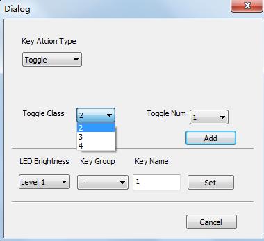 Toggle: Allows a key to be assigned up to four actions, which are executed in a loop. The starting action is assigned by another key.