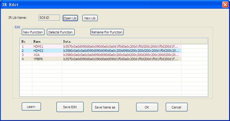 Create/open a library Create/delete/rename the function name of the IR data Select a function, and then click learn, press the IR remote control button to send the IR code to the infrared sensor