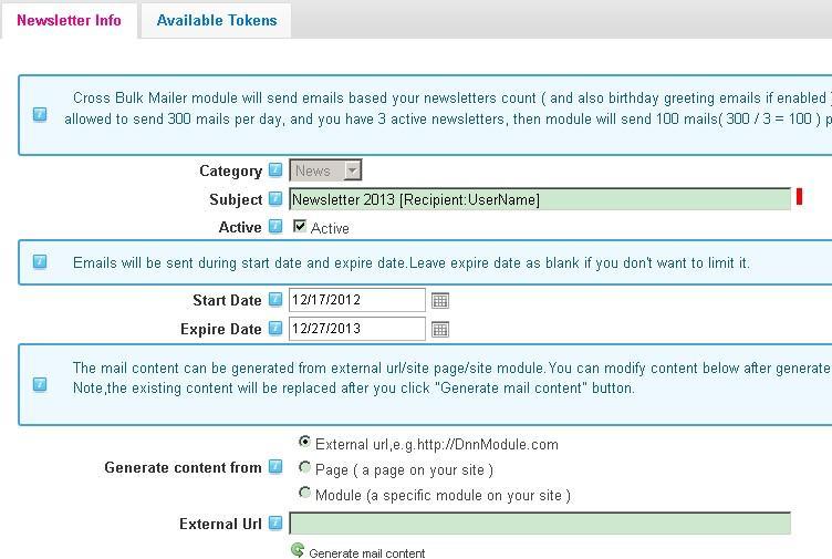 http://dnnmodule.com/ Page 11 of 16 Click Available Tokens tab to find detail description of tokens.