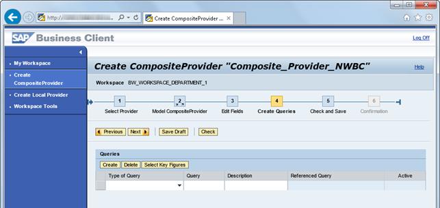 Figure 28: Editing fields for a Composite Provider In the next screen you can optionally let the system create a BEx query for you on top of your composite