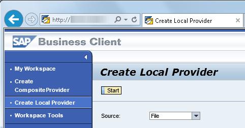 You are now presented with the start screen: Figure 9: Initial screen of BW Workspace designer in NetWeaver Business Client In order to upload data, you need to create a local provider.