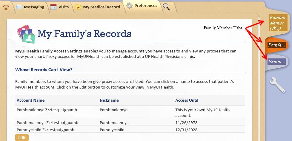 Preferences My Family s Records: (Proxy Access to Other Family Members Charts) From the Home page click the Preferences tab. Click the My Family s Records option.