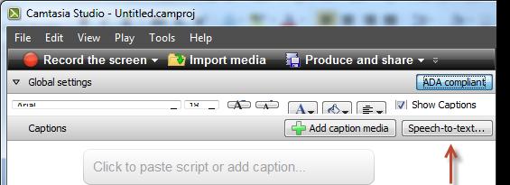Camtasia: Editing a Lecture to Add Captions Part I: Captions 1. Open Camtasia Studio 8. 2. Click Import Media (or File > Import Media) 3.